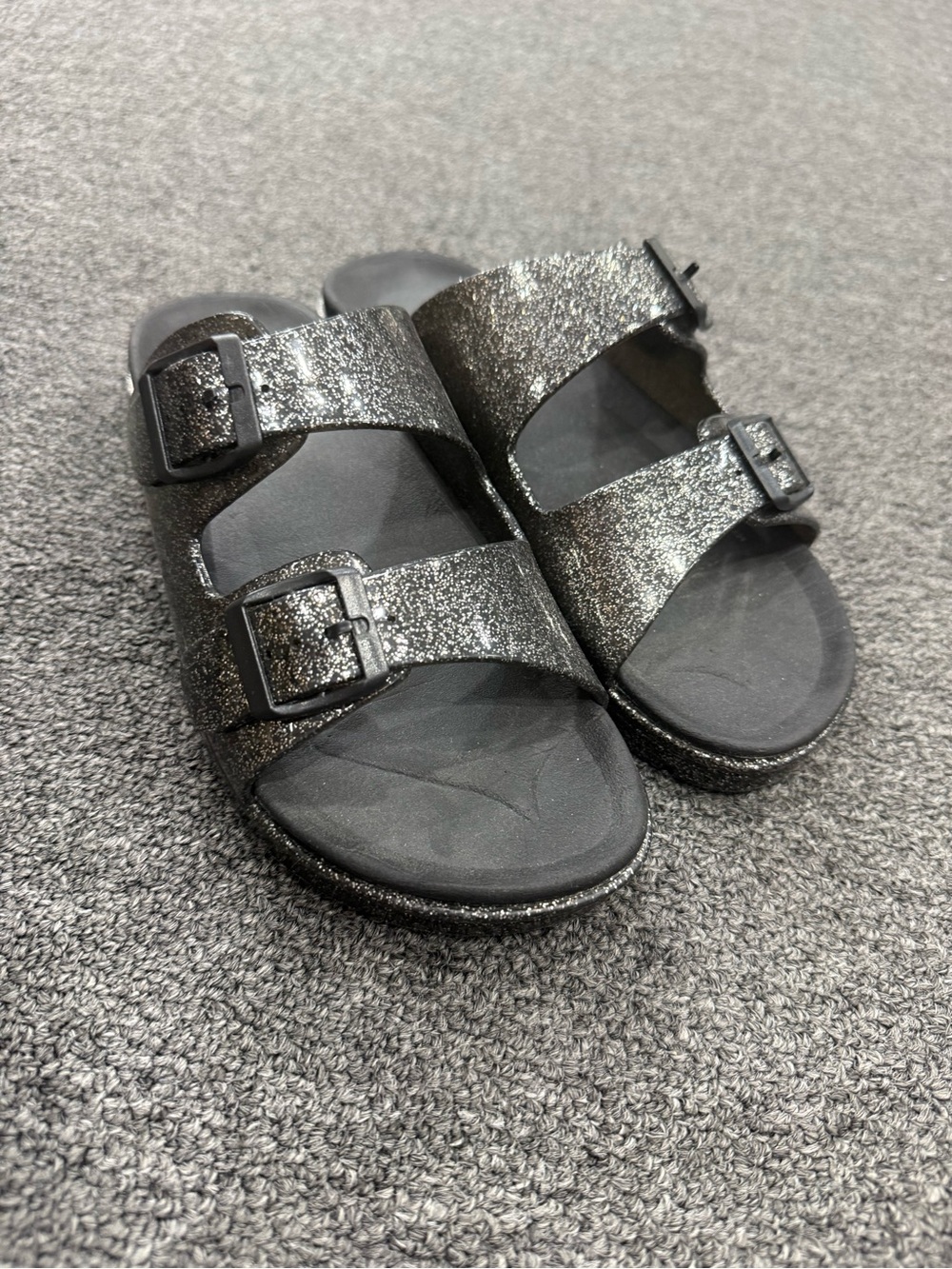 Kids Double-Buckle Glitter Slide Sandals - Black